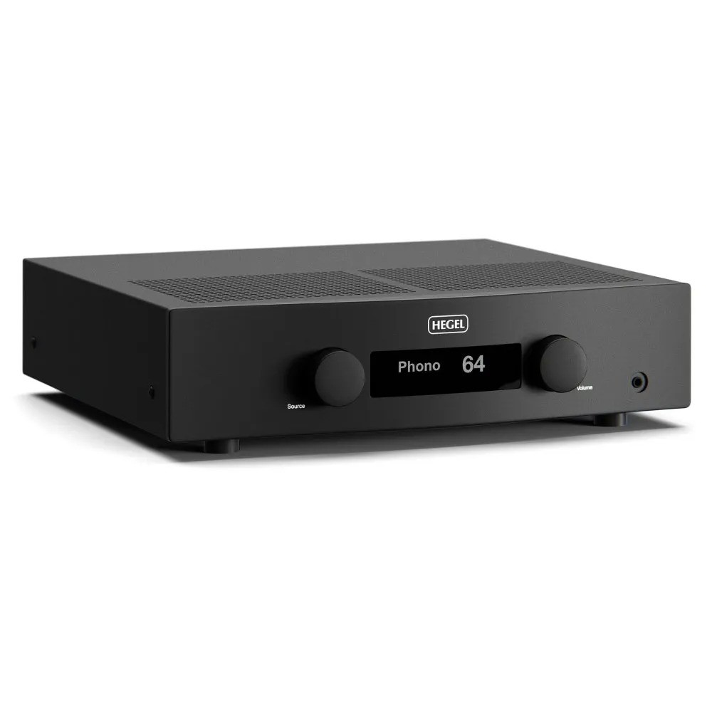Hegel A200 – dettaglio pannello frontale, display luminoso, selettore ingressi, pulsante standby, finitura black panel rigato
