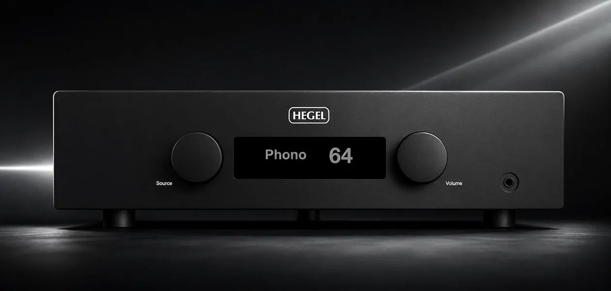 Hegel A200 – amplificatore integrato analogico puro, pannello frontale nero, manopola volume centrale, display, ingressi 2×XLR + 2×RCA, phono MM, uscita cuffie