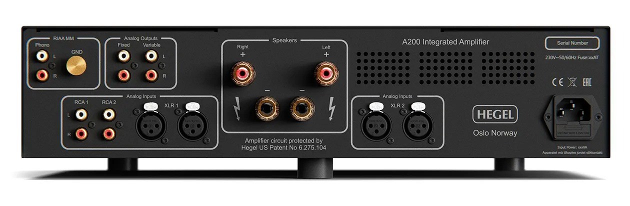 Hegel A200 – amplificatore integrato analogico puro, pannello posteriore nero, ingressi 2×XLR + 2×RCA, phono MM, uscita anologica fissa e variabile