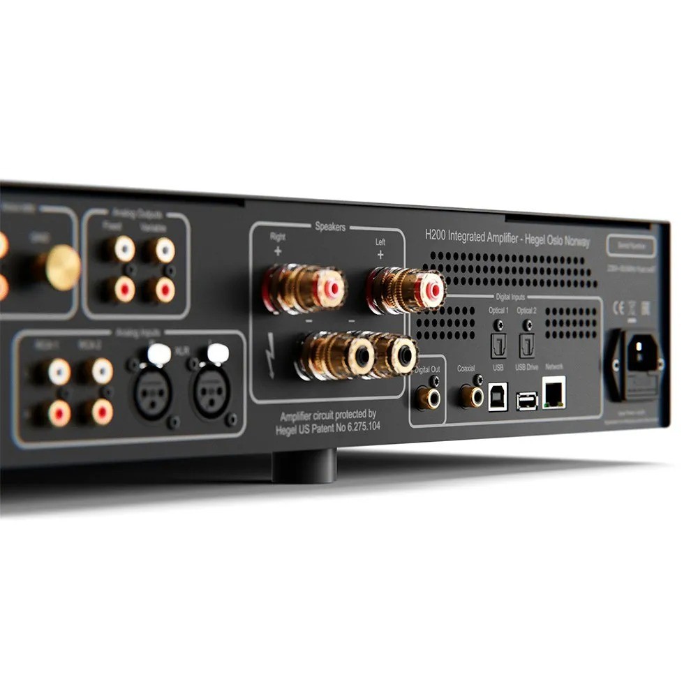 Hegel H200 – pannello posteriore con ingressi XLR e RCA analogici, phono MM, ingressi digitali coassiale e ottico, USB-B, porta di rete RJ-45, uscita digitale coassiale DAC Loop