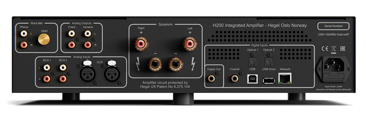 Hegel H200 – amplificatore integrato con DAC e streaming, finitura Black, pannello posteriore con ingressi XLR e RCA, DAC USB ingressi e uscite digitali. Disponibile anche in White