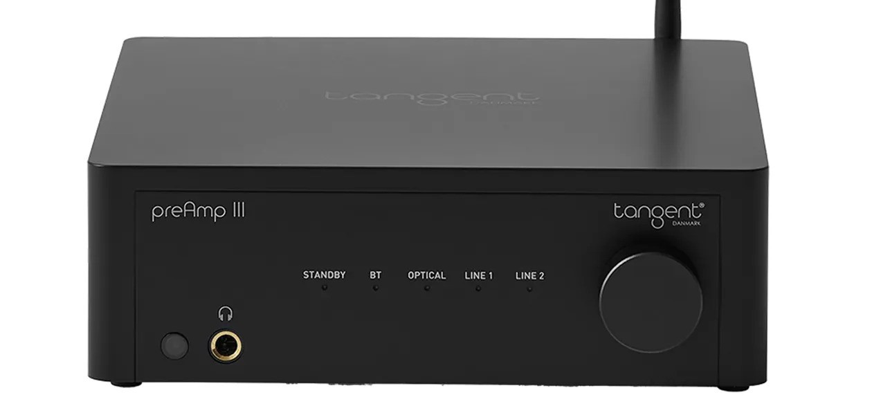 Tangent PreAmp III – preamplificatore stereo compatto, finitura satin black, pannello frontale con manopola volume, uscite XLR bilanciate