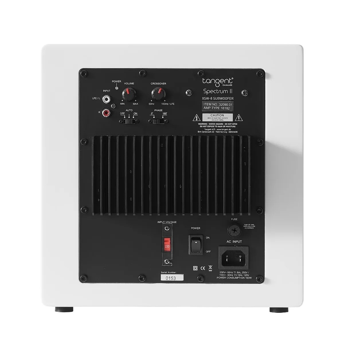 Tangent Spectrum II XSW8 – pannello posteriore con ingressi stereo RCA, crossover regolabile, selettore fase, finitura satin white