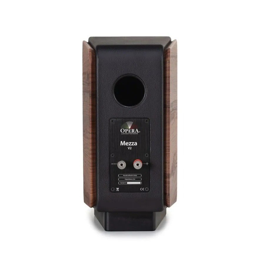 Opera Mezza v2 – pannello posteriore con condotto bass-reflex e morsetti diffusori, finitura Rosewood