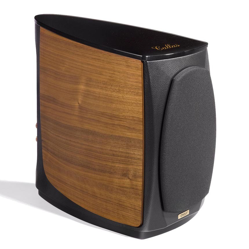 Opera Callas – diffusori da scaffale High-End, finitura Noce, pannello frontale sfaccettato in pelle nera, top laccato