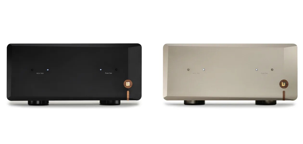 Unison Unico DM v2 – amplificatore finale ibrido High-End, frontale in alluminio ricavato dal pieno da 15mm, finitura Velvet Gold