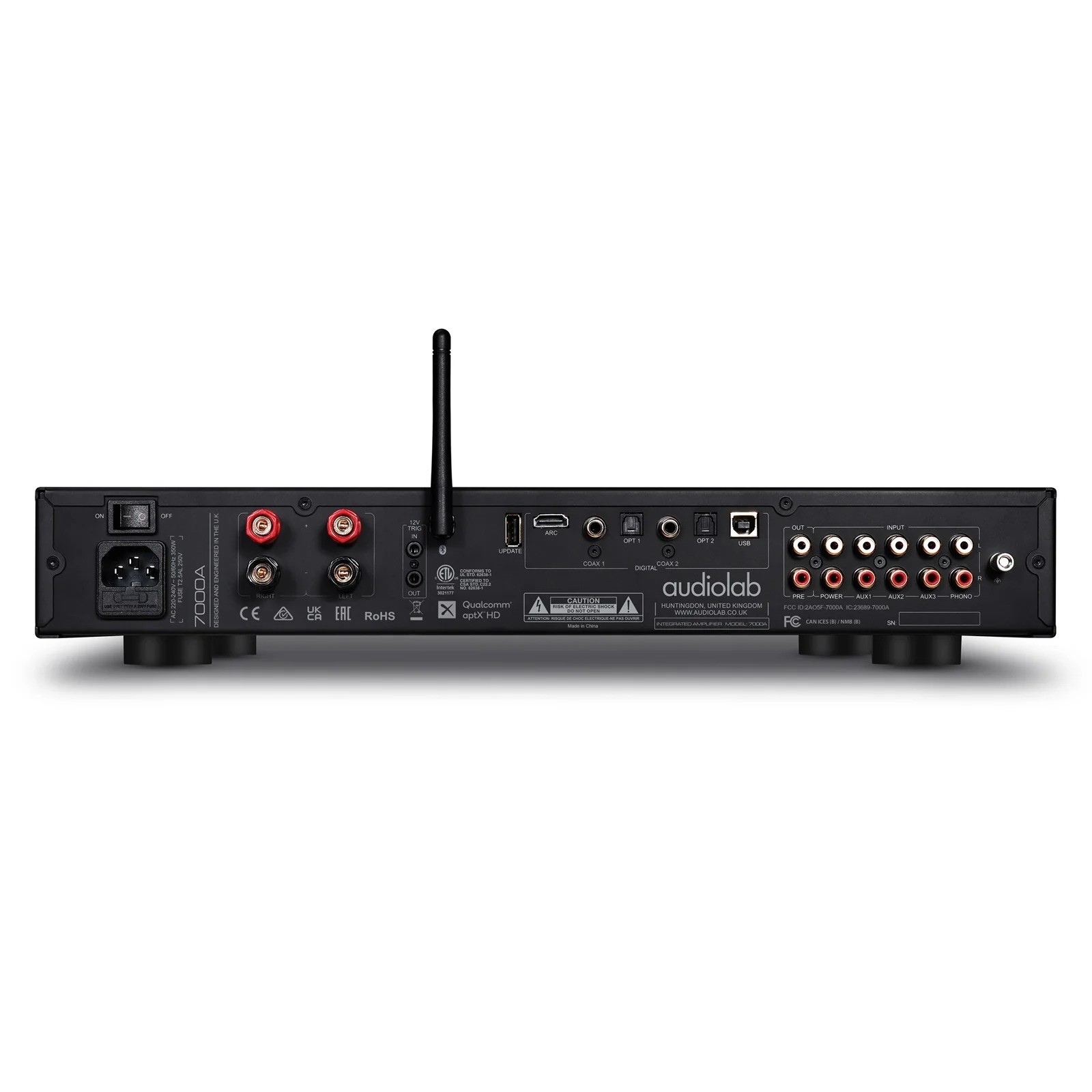 Audiolab 7000A – pannello posteriore con ingressi analogici, phono MM, coassiali, ottici, HDMI ARC e USB