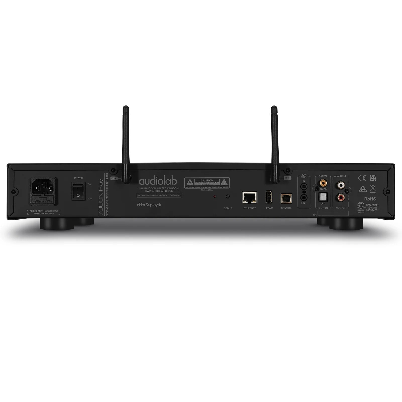 Audiolab 7000N – pannello posteriore con uscite digitali coassiale e ottica, uscita di linea RCA